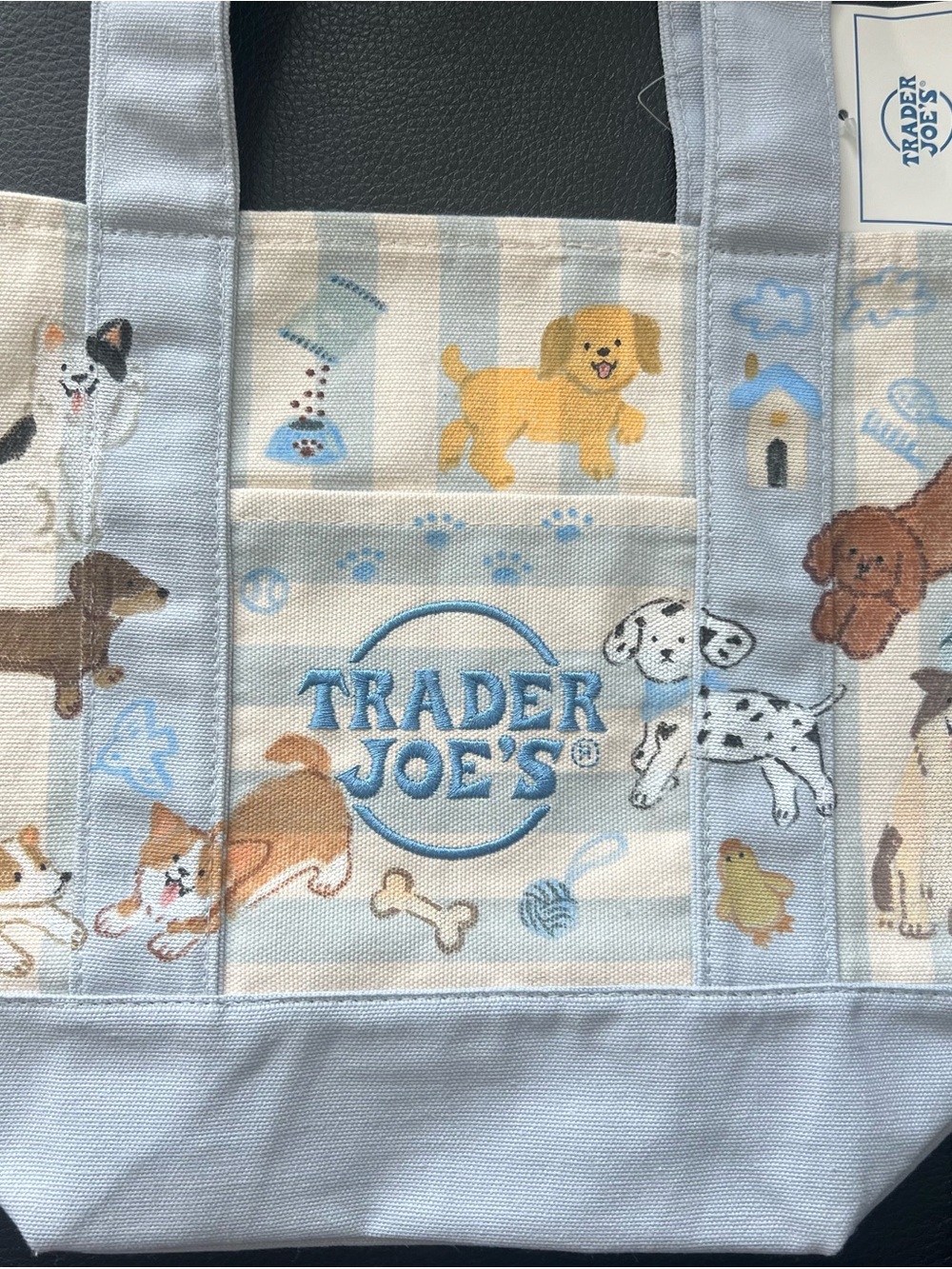 Trader Joe’s x Puppy Parade hand-painted mini blue striped canvas tote bag
